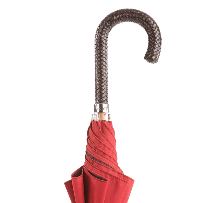 Gent Red Umbrella with Braided Brown Leather Handle