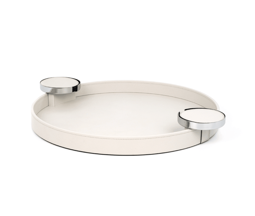 Genuine Leather Dioniso Round Tray with Chrome-Finished Coaster Holders