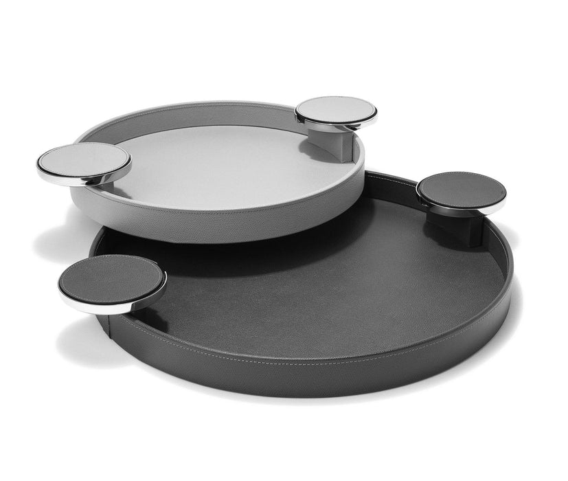 Genuine Leather Dioniso Round Tray with Chrome-Finished Coaster Holders