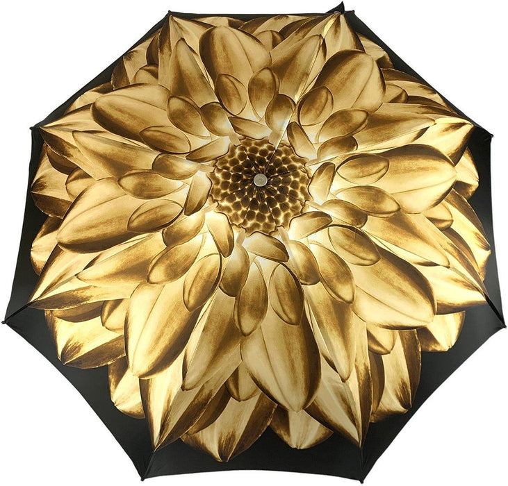 Gold and Brown Dahlia Print Folding Umbrella