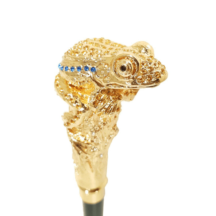 Golden Frog Handle Walking Cane with Crystals