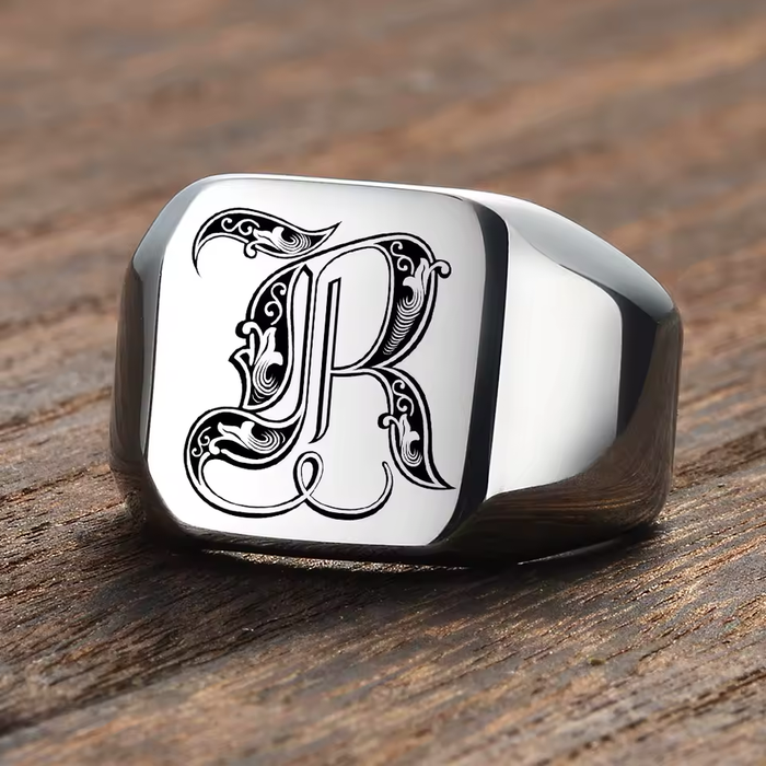 gothic alphabet signet ring for men