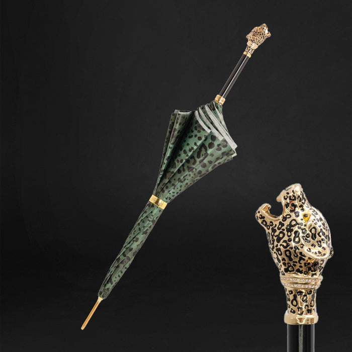 Green Leopard Print Umbrella with Gold Handle Unique