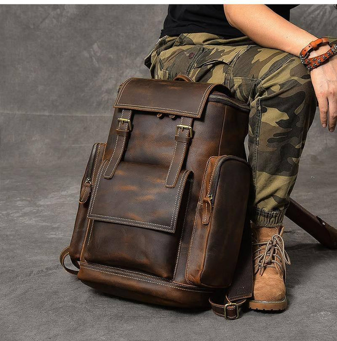 Retro Brown Leather Travel Backpack 36 to 55 Litre for Men