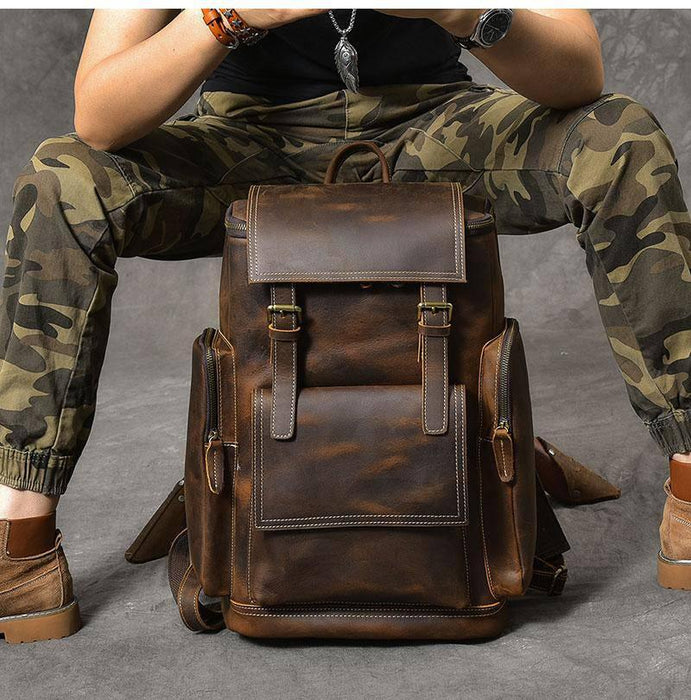 Retro Brown Leather Travel Backpack 36 to 55 Litre for Men