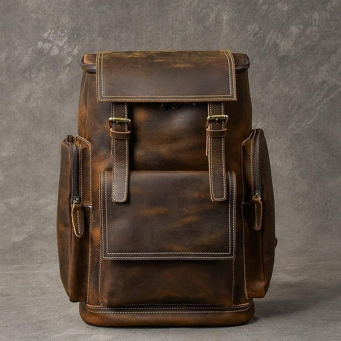 Retro Brown Leather Travel Backpack 36 to 55 Litre for Men