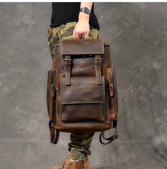 Retro Brown Leather Travel Backpack 36 to 55 Litre for Men