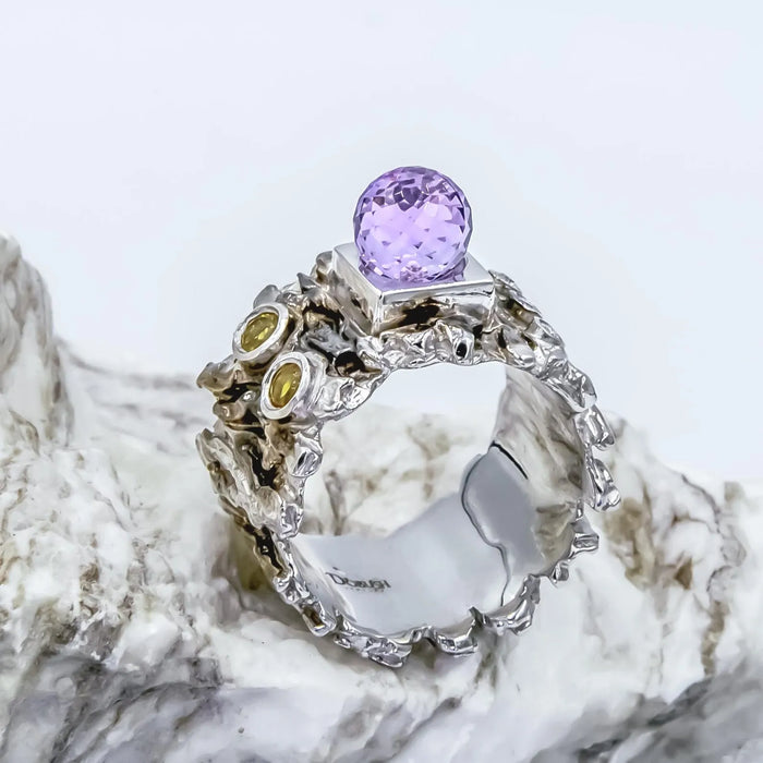 Luxury Handcrafted Silver Ring with Amethyst, Citrine and Diamond