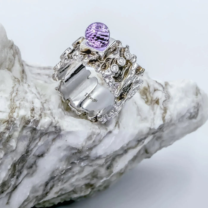 Luxury Handcrafted Silver Ring with Amethyst, Citrine and Diamond