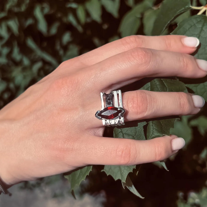 Unique Artisan Jewelry Handmade Silver Ring with Garnet, Diamond, and Black Diamond