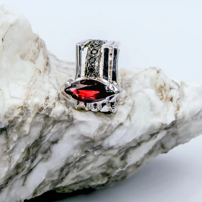 Unique Artisan Jewelry Handmade Silver Ring with Garnet, Diamond, and Black Diamond