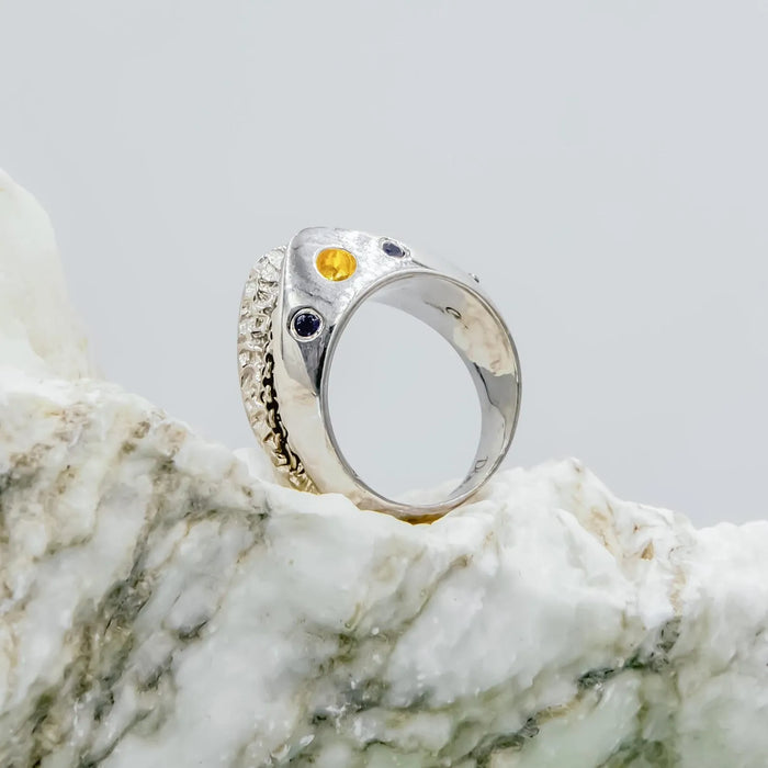 Design Handcrafted Silver & Gold Ring with Sapphire