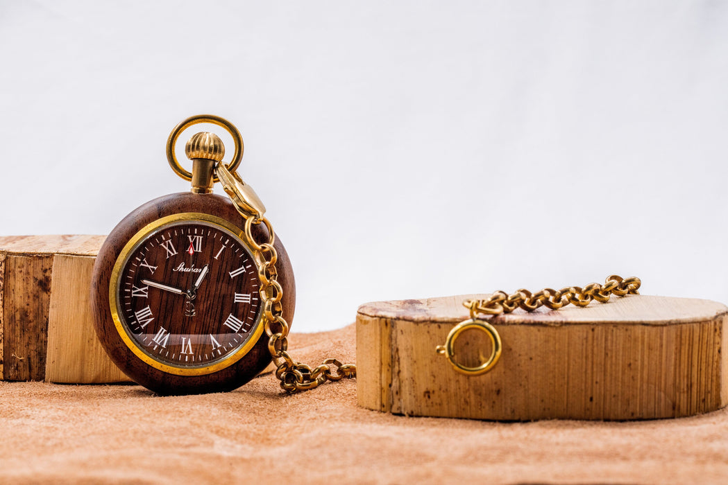 Wooden Roman Numeral Pocket Watch - Gold Quartz Pendant Clock