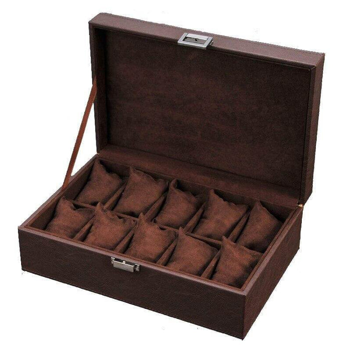 Luxury Brown Faux Leather Watch Storage Case with 10 Slots