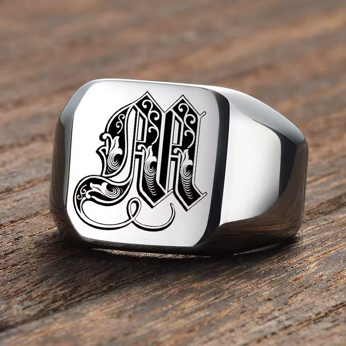 mens gothic letter ring with square face