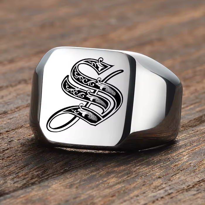 mens stainless steel initials signet ring square