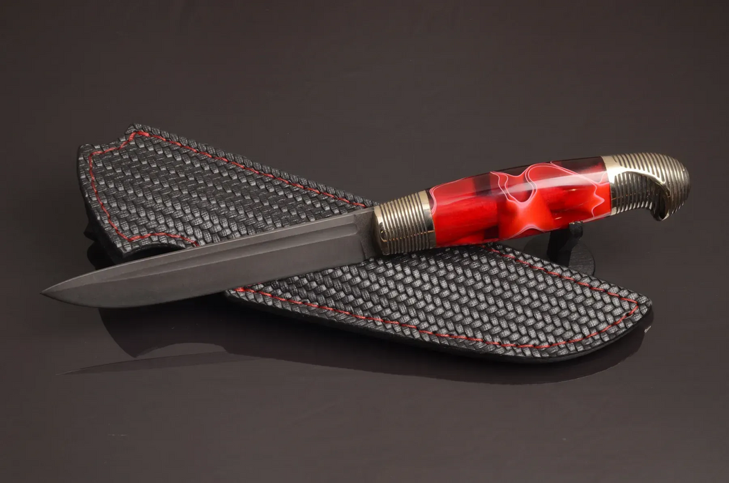 Couteau en acier Damas avec manche en bois hybride époxy rouge