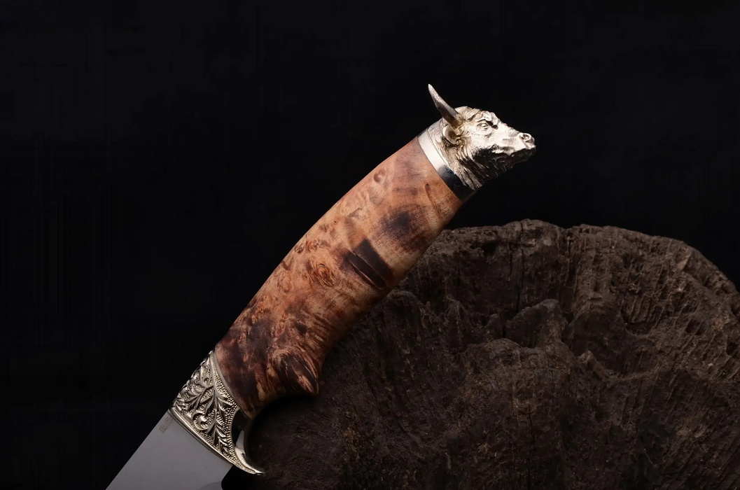 Personalized Handcrafted Knife Brass Bull Maple Burl