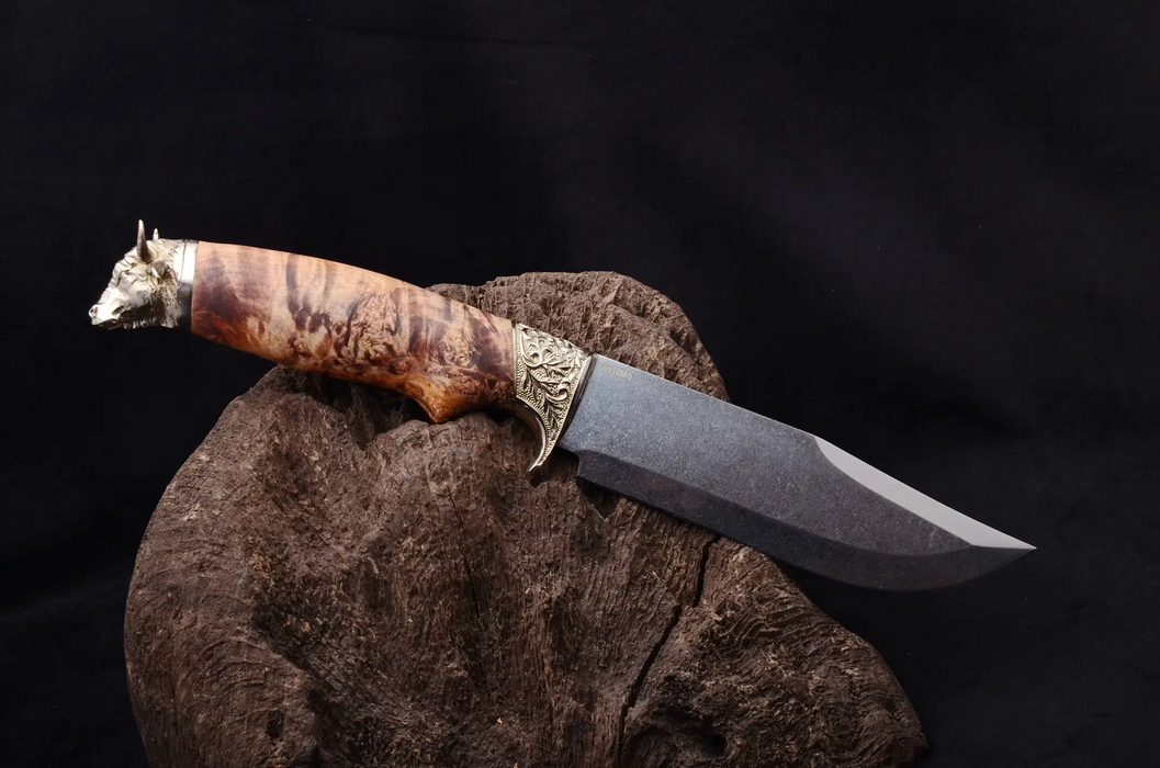 Personalized Handcrafted Knife Brass Bull Maple Burl
