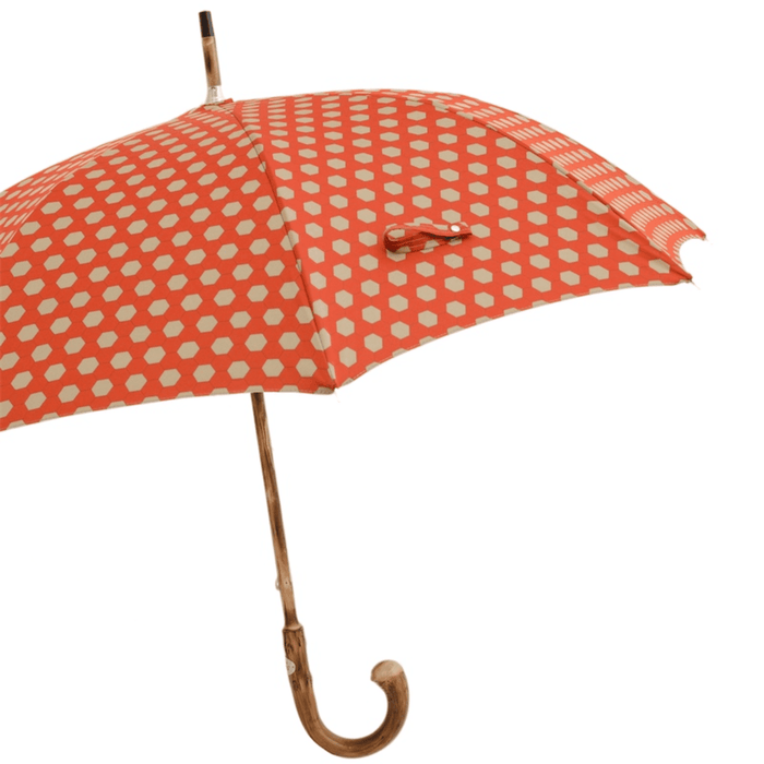 Hexagon Red and Beige Print Umbrella, Chestnut Handle