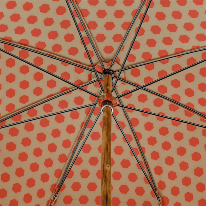 Hexagon Red and Beige Print Umbrella, Chestnut Handle