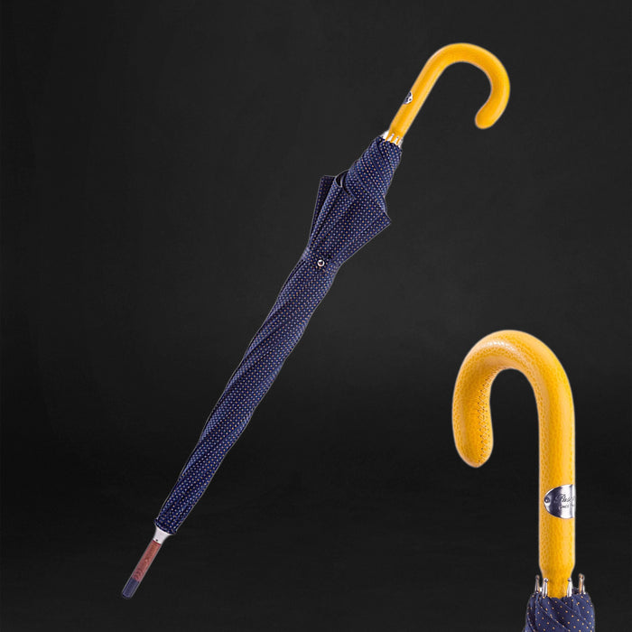 Leather Handle Bespoke Navy Umbrella with Yellow Dots