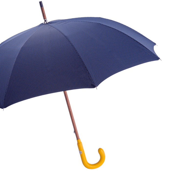 Leather Handle Bespoke Navy Umbrella with Yellow Dots