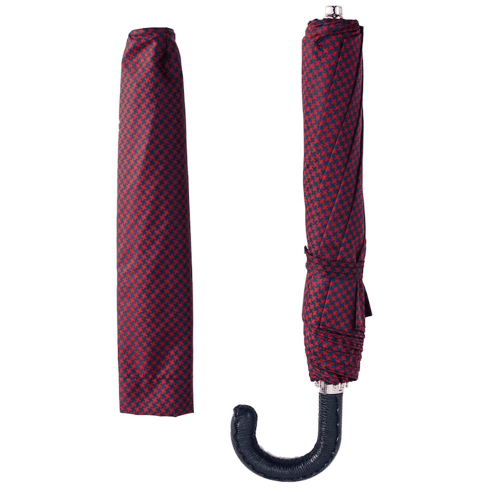 Leather Handle Red & Navy Pied de Poule Folding Umbrella