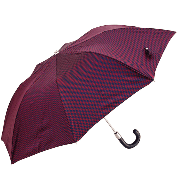 Leather Handle Red & Navy Pied de Poule Folding Umbrella