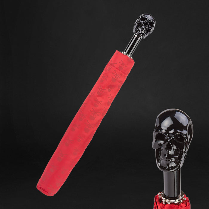 Luxury Red Folding Umbrella with Black Skull Handle