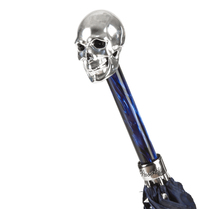 Navy Blue Umbrella with Studs and Silver Skull Handle