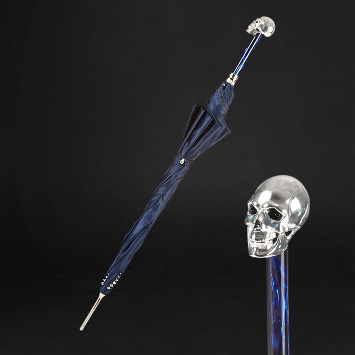 Navy Blue Umbrella with Studs and Silver Skull Handle