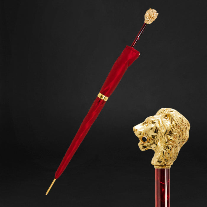 Unusual Red Umbrella For Men, Gold Lion Handle Parasol