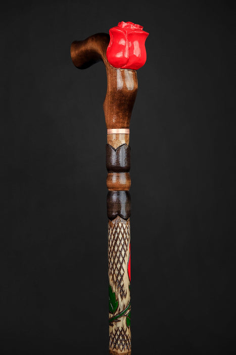 Unique Stunning Design Walking Stick Cane Rose, Hand-Painted