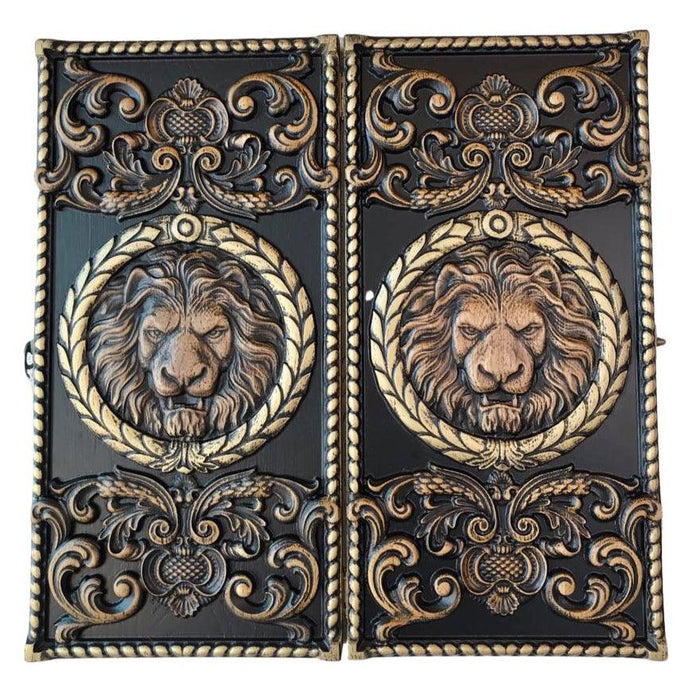 Carved backgammon set with lion theme