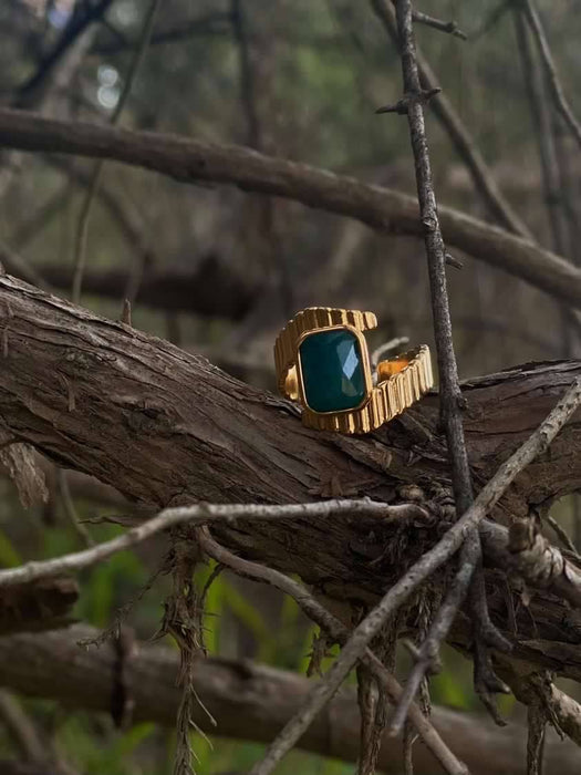 Unique Design Golden Ring with Green Crystal