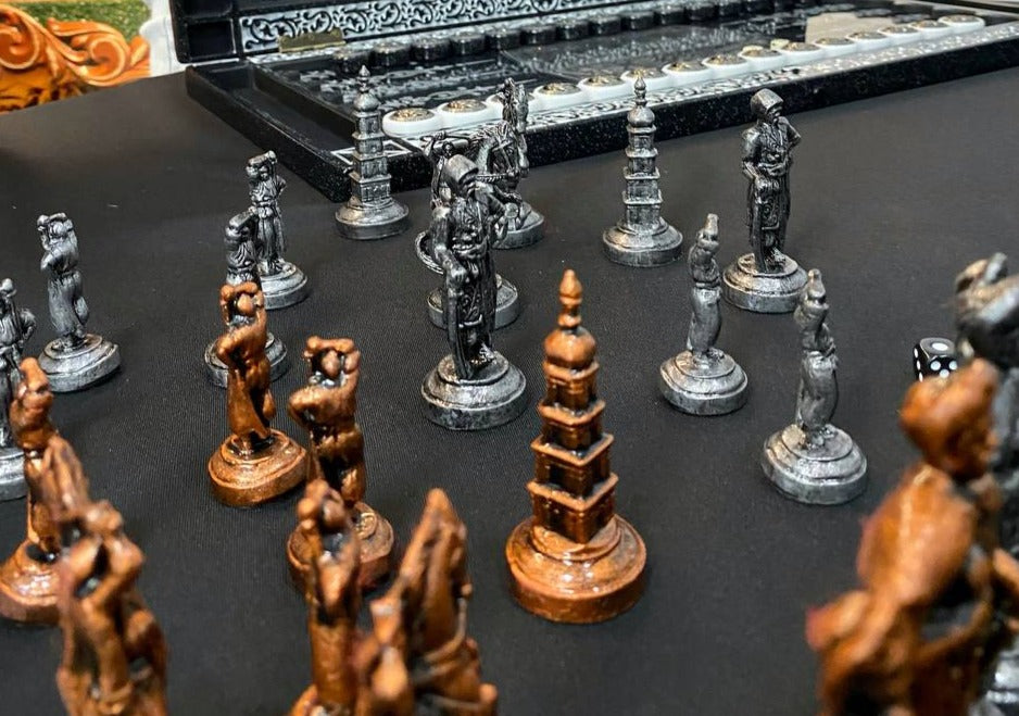 Black marble chess and backgammon set