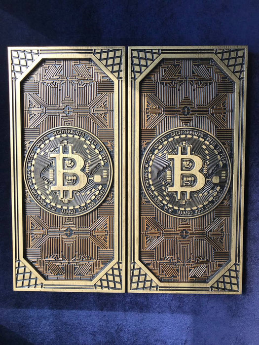 Artistic wooden backgammon set with Bitcoin imagery