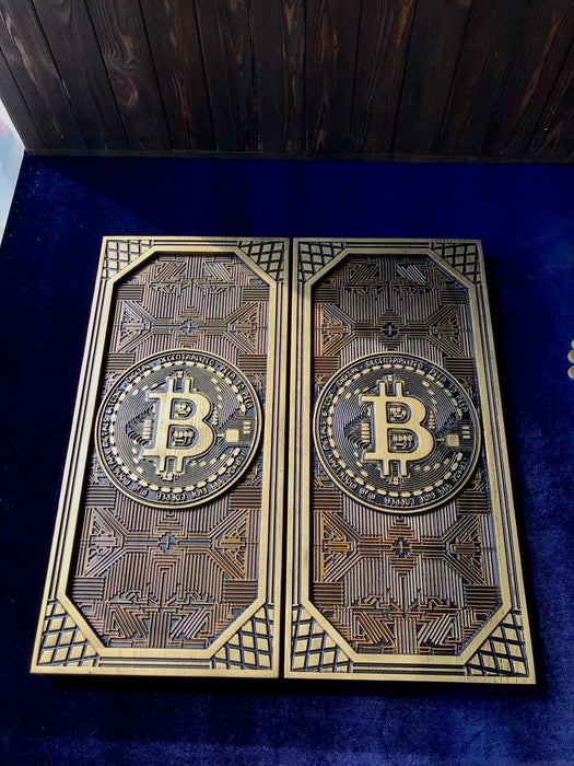 Unique wooden backgammon set with Bitcoin design