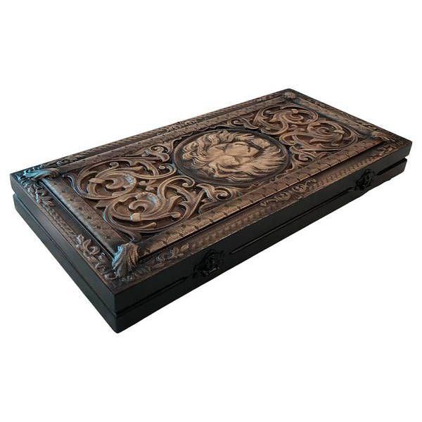 Wooden backgammon board featuring lion motif, ideal for gifting