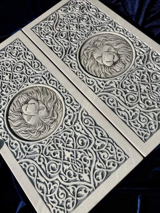 Handmade white acrylic stone backgammon set with carved lion artwork