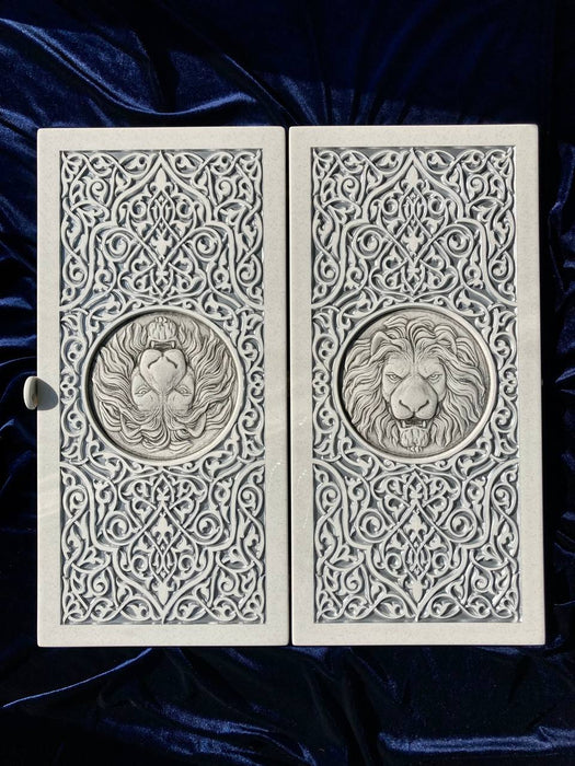 Carved white acrylic stone backgammon set with lion design