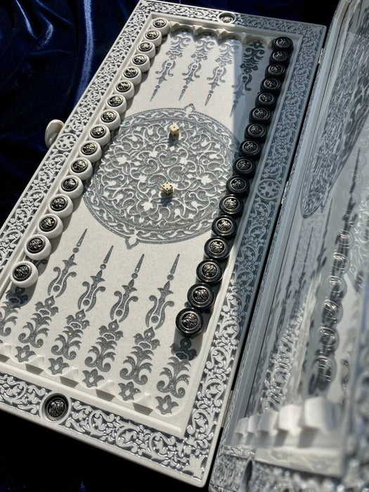 Where to buy luxury white acrylic stone backgammon with carved lion motif