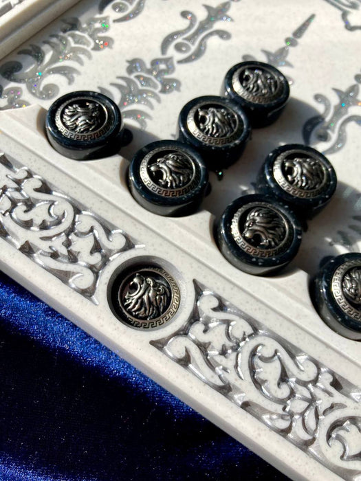 White acrylic stone backgammon set with carved lion motif, artisan-crafted