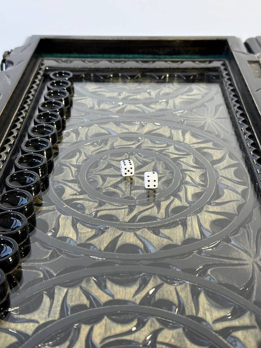 Artisanal carved backgammon with glass inside