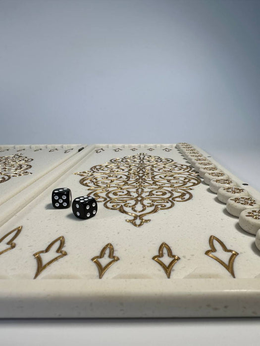 Handmade white acrylic stone backgammon set with Pattern artwork