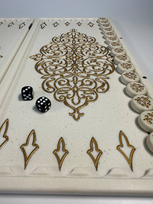 White acrylic stone backgammon set with Pattern motif, luxury design