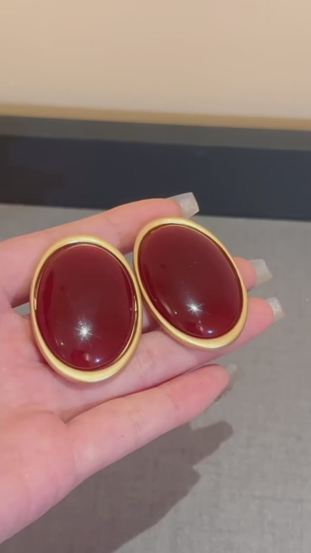 Vintage Simulated Pigeon Blood Ruby Oval Stud Earrings