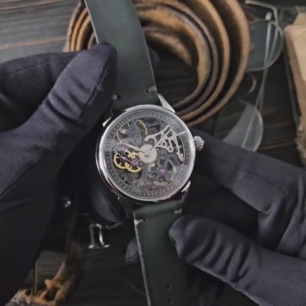 Handmade Steampunk Graphite Skeleton Watch for Men