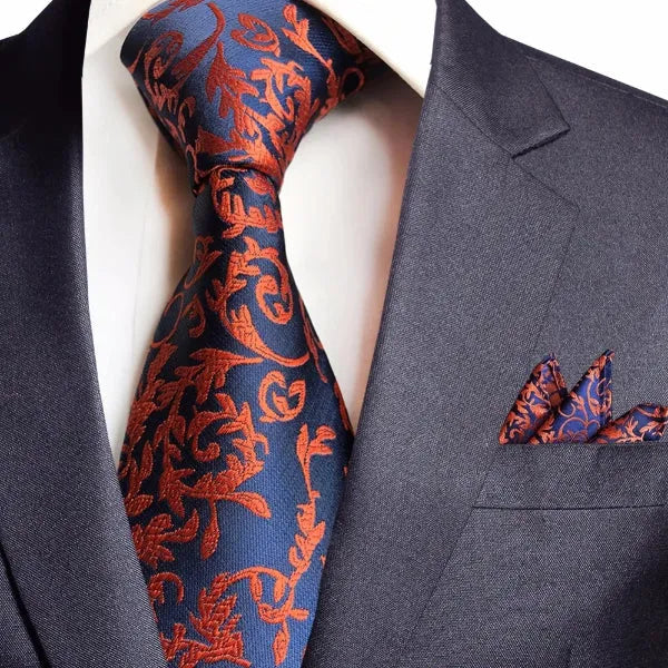 Elegant Orange Blue Floral Silk Tie for Men